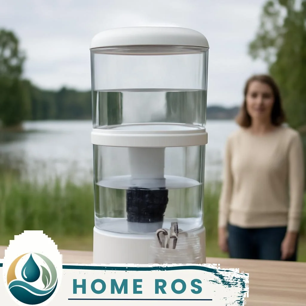 Tischwasserfilter auf Küchenarbeitsplatte neben Glas mit klarem Wasser