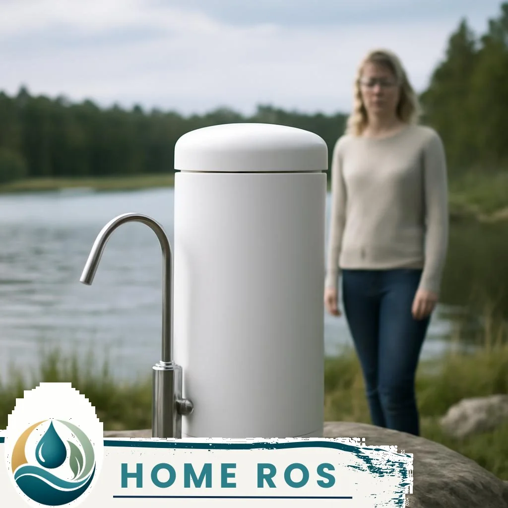 Küchenwasserfilter mit sichtbarer Filterkartusche neben Wasserglas
