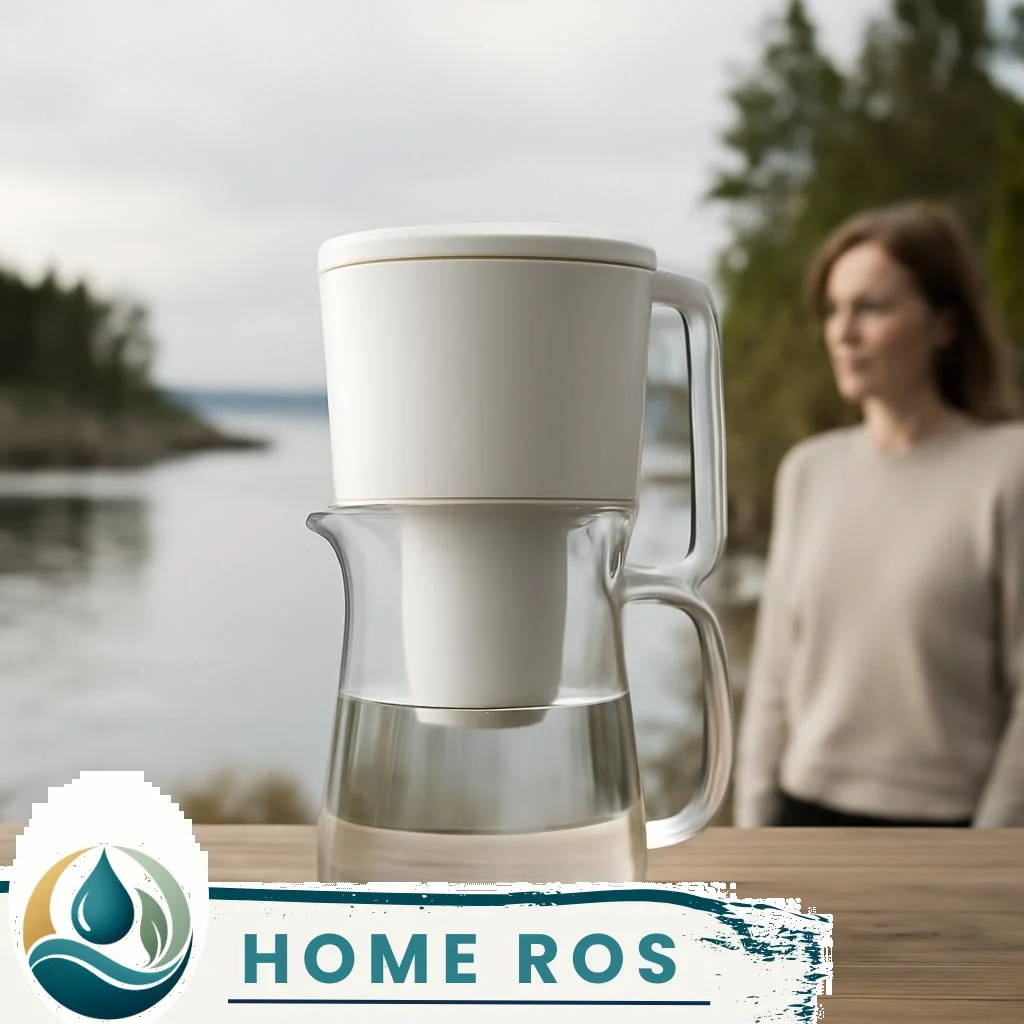 Wasserfilter mit Glaskanne auf Holztisch vor weißem Hintergrund