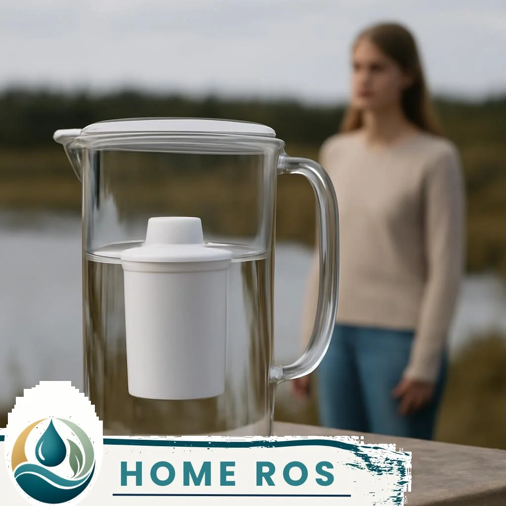 Wasserfilterkanne aus Glas mit Filtereinsatz auf weißer Küchenarbeitsfläche